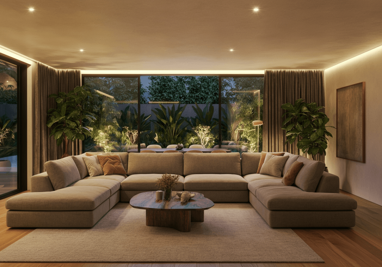 Warm contemporary living room overlooking a garden